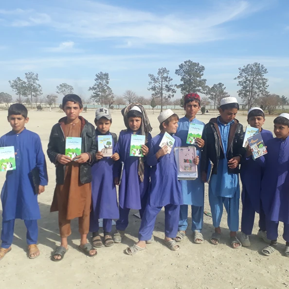 Students lined up with their new books